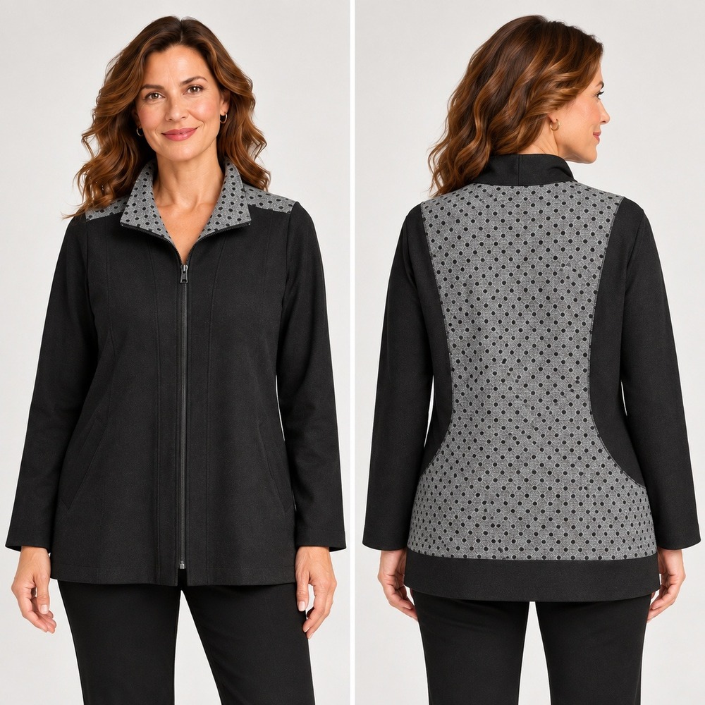 Chico's Zenergy Women Jacket 3 L Black Polka Dot Herringbone Zip‎ Up Athleisure